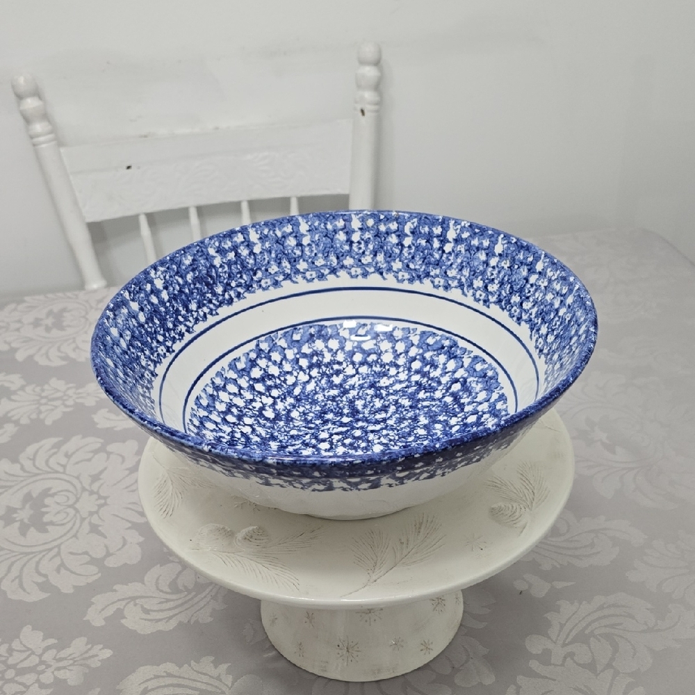 Vintage Italy Himark Spongeware Ceramic Blue White Large Pasta Serve Bowl